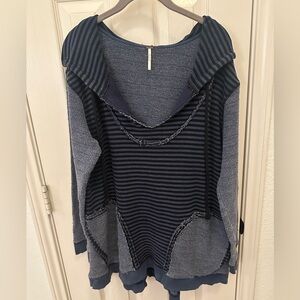 Free People Navy and Black Striped Hoodie with Pockets